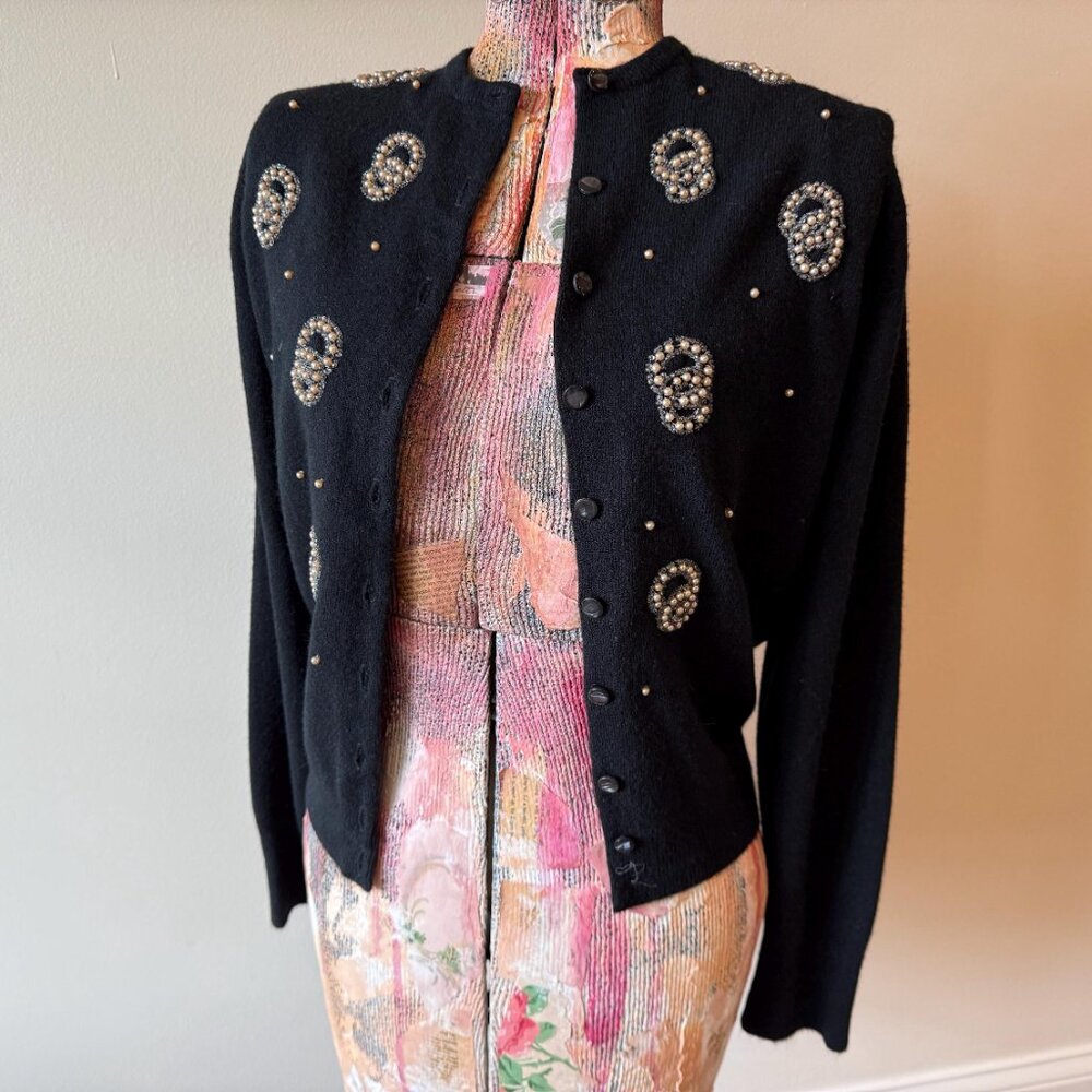 Vintage 1950s Beaded Black Cardigan – Pearl Embellished Party Sweater (S-M)